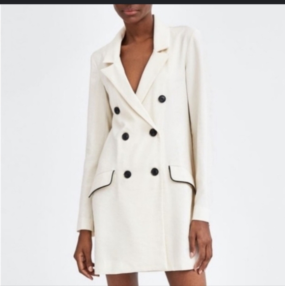 Zara-NWT- TRF Collection Cream Double-Breasted Coat/ Blazer/ Mini Dress. Size XS - Picture 2 of 16
